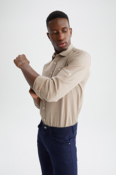 DeFacto Cămașă din bumbac 100%, cu mânecă lungă, cu decolteu polo modern