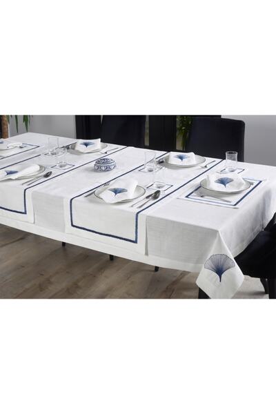 caka home design 16 PARÇA MASA SETİ  İRİS NAKIŞLI  KETEN EFEKTLİ ( LACİVERT )