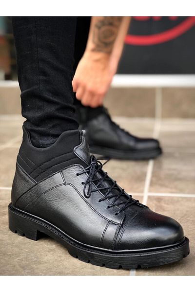 Chie Collection Εσωτερικά και εξωτερικά Γνήσιο δέρμα Stretch Λεπτομέρεια Μαύρα Ανδρικά Αθλητικά Μποτάκια μισού αστραγάλου