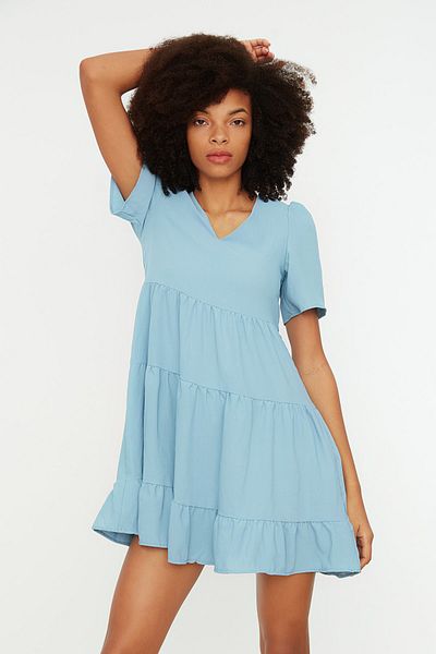 Trendyol Collection Světle modré široké mini tkané šaty TWOSS20EL0400