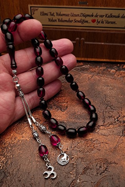 OTTOTESBİH Gümüş Püsküllü Bozkurt Ve 3 Hilal Figürlü Kırmızı Siyah Ateş Kehribar Tesbih