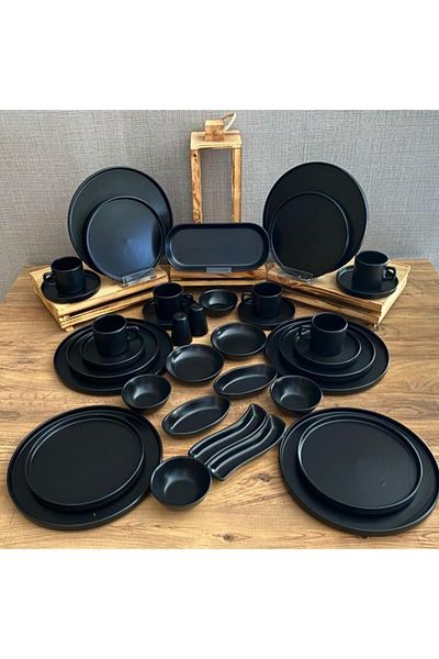 Demet Çeyiz Aksesuar Set Breakfast Stackable Matte Black for 6 People 37 Pieces