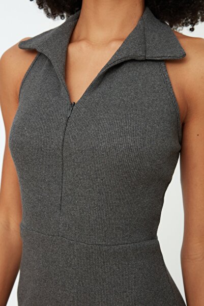 Trendyol Collection Anthracite Fitted Polo Neck Mini Ribbed Flexible Knitted Pencil Dress TWOSS22EL1981