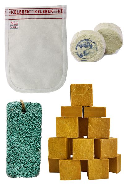 aktarix 4-Piece Bath Set 1 Mold Yellow Bıttım Soap + Thick Pouch + Heel Pumice Stone + 2 Pieces of Rushur Stone
