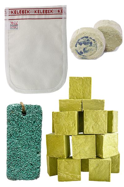 aktarix 4-Piece Bath Set 1 Mold Green Bıttım Soap + Thick Pouch + Heel Pumice Stone + 2 Pieces of Rushur Stone