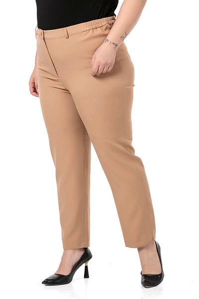DISENTIS MODEST Plus Size Beige Trousers with Elastic Waist and Side Zipper and Slits on the Leg