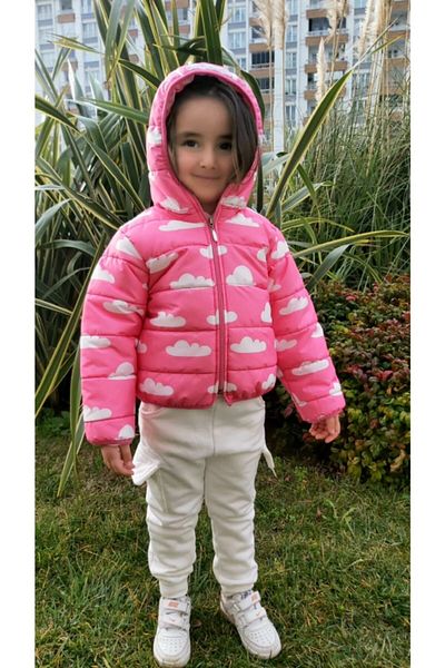 Pink Hippo Kids Girl's Cloud Printed Coat and Tracksuit Set 3 Pieces