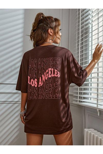 MOONBULL Braunes T-Shirt mit Aufdruck „Los Angeles“ für Damen