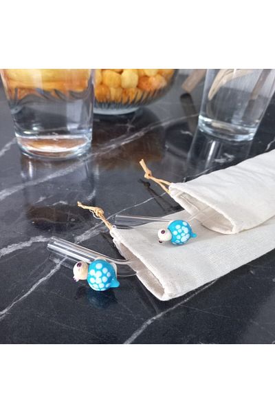 CAM TASARIM Turtle Figured Glass Straw Set of 2