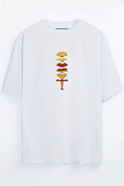 Harmandar تي شيرت أبيض كبير الحجم مطبوع عليه سيف برجر للجنسين