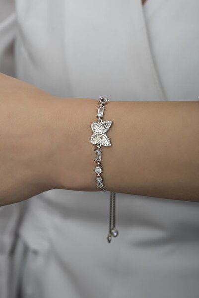 Nereze 925 Ayar Gümüş Asansörlü Baget Taşlı Kelebek Bileklik