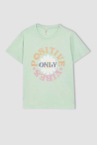 DeFacto Girl's Regular Fit Crew Neck Printed Short Sleeve Cotton T-Shirt