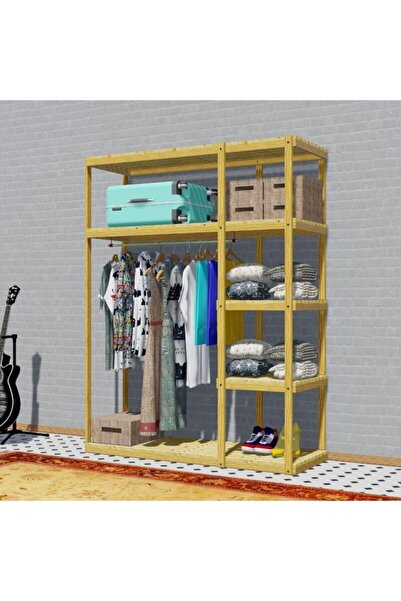 Fokai Wood Joker - Ayarlı Raflı 4 Fonksiyonlu Ahşap  Açık El Yapımı Gardırop