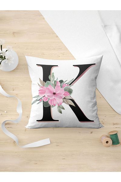 Panorama Ajans Letter K Initial Pink Floral Pillow Case