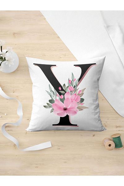 Panorama Ajans Letter Y Initial Pink Floral Pillow Case