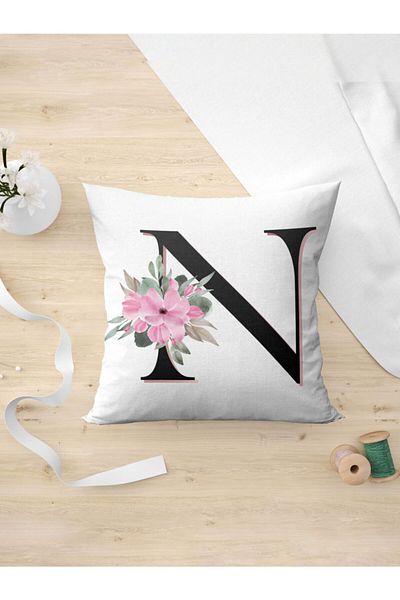 Panorama Ajans Letter N Initials Pink Floral Pillow Case