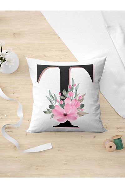 Panorama Ajans Letter T Initial Pink Floral Pillow Case