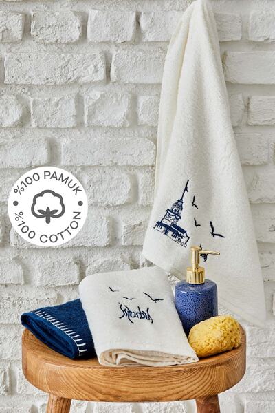 Karaca Home Istanbul Indigo %100 Pamuk Nakışlı 3 Parça Havlu Seti