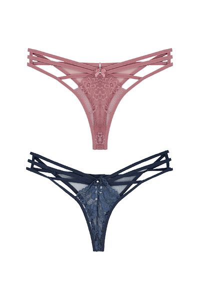 Zena 2-Piece Fancy Women's Thong Panties with Lace Front and Tulle Rope Detail on the Back