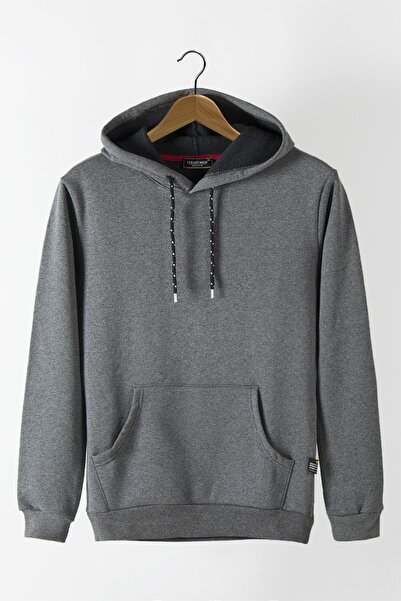 Terapi Men Erkek Antrasit Kapüşonlu Kanguru Cepli Basic Hoodie Sweatshirt