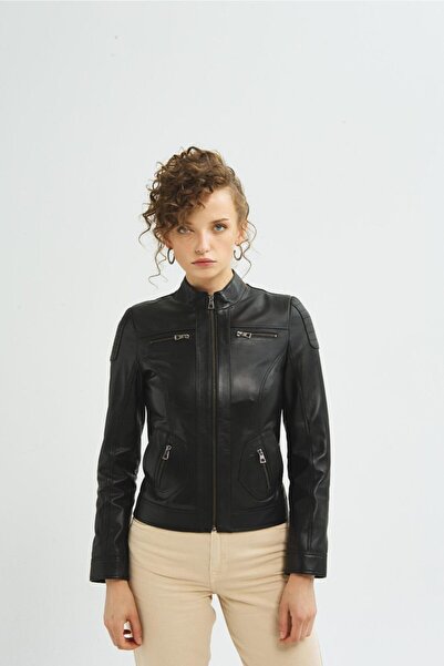 İkbal Lily Siyah Hakiki Deri Mont Kadın