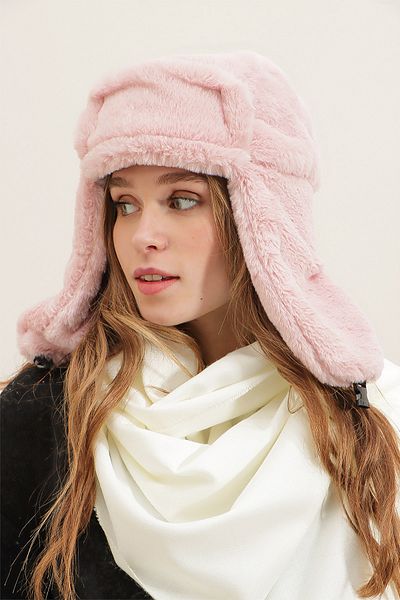 Trend Alaçatı Stili Damen Beanie aus puderfarbenem Kunstpelz mit Kopfhörern ALC-A2469