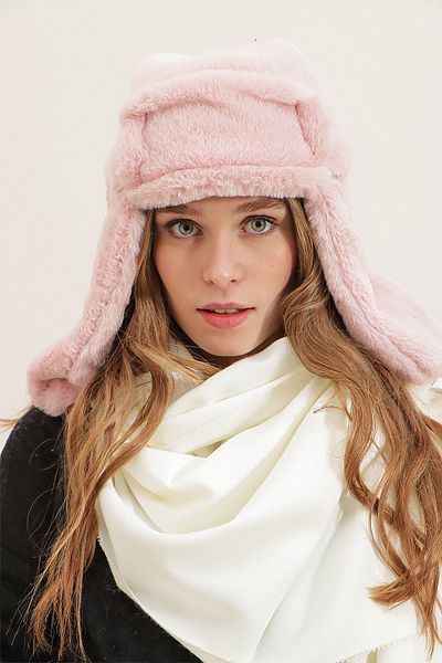 Trend Alaçatı Stili Damen Beanie aus puderfarbenem Kunstpelz mit Kopfhörern ALC-A2469