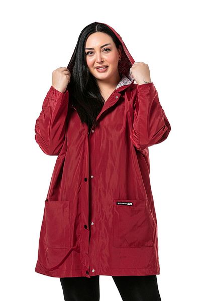 DISENTIS MODEST Trenci roșu Claret - mânecă liliac, glugă și snaps Plus Size