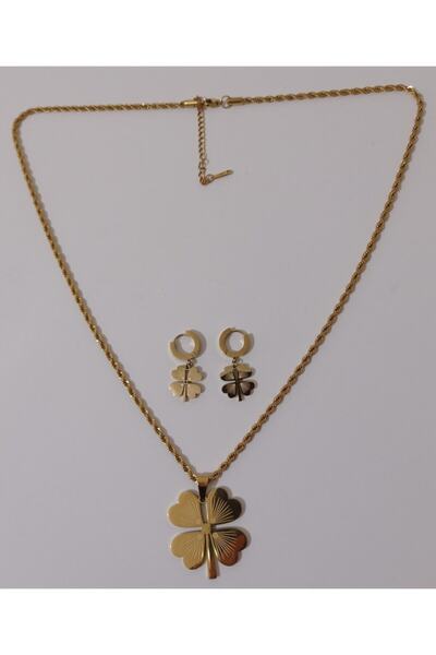 Yozay Burma Zincir Büyük Yonca Çelik Kolye Yonca Küpe ( Set)