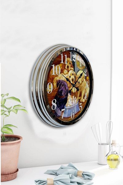 Kasva Concept Gift 40 cm Chrome Metal Dogs Wall Clock