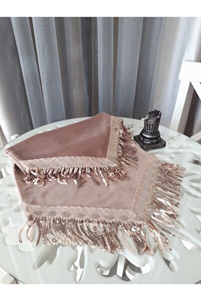 ZEYNEPTEKS Pudra Pembe Kadife Payet Püsküllü 40×130 Ölçülerinde Runner