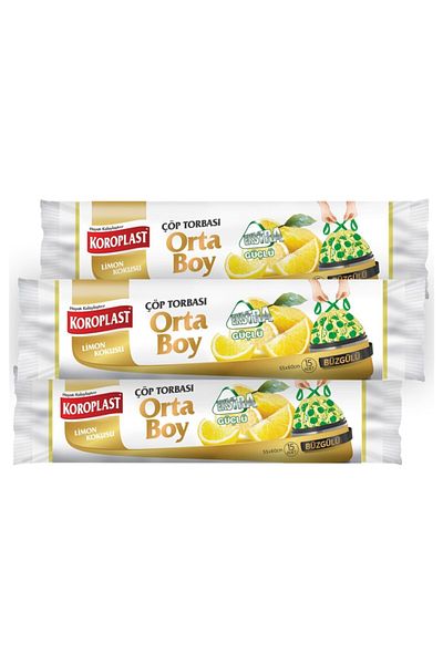 Koroplast Extra Strong Lemon Drawstring Medium Size 15 Pieces Garbage Bags X 3 Pack 55x60cm