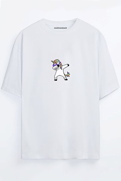 Harmandar Dabbing Unicorn Štampano Unisex beli Oversize kroj T-shirt