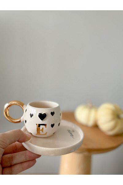 Mugtasarım 24k Gold Gilded Double Turkish Coffee Cup with Heart -e Letter -