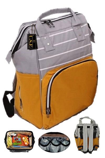 USF Striped Light Gray Yellow Mother Baby Care Bag + Carrycot Baby Carrier Stroller Set of Two