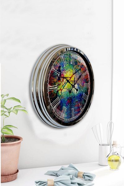 Kasva Concept Gift Decorative 40 cm Chrome Metal Pattern Wall Clock