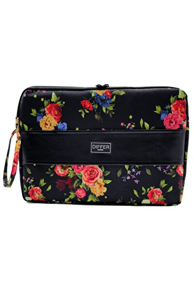 Differ Studio حقيبة كمبيوتر محمول/ماك بوك/حقيبة كمبيوتر محمول سوداء مقاومة للماء بنمط زهرة مقاس 13-14 بوصة