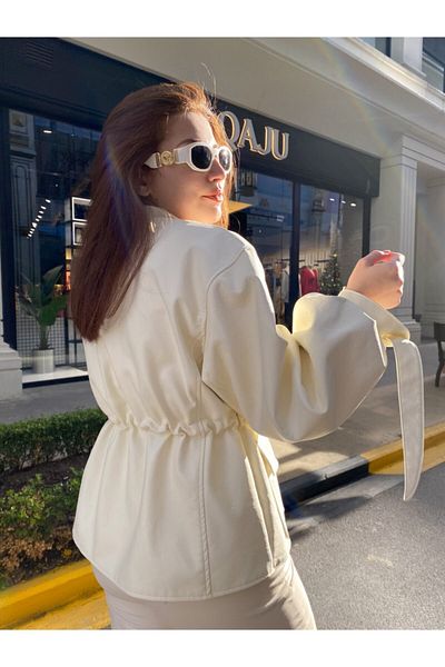 Qaju Faux Leather Ecru Jacket with Adjustable Waist Sleeve Detail