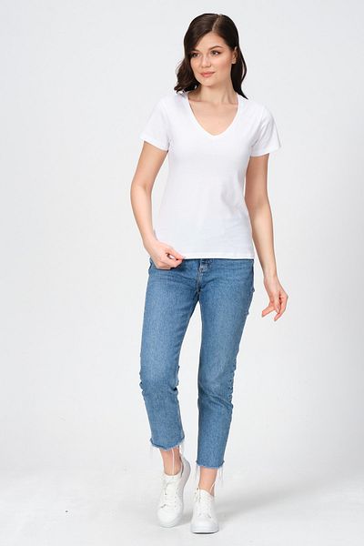 PUNKY CAT Tricou de bază din bumbac, alb, cu decolteu în V, lungime întreagă