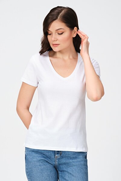 PUNKY CAT Women's White V-Neck Cotton Full Length Basic T-Shirt