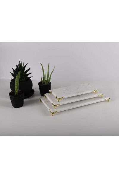 nilşah Rectangular Marble Presentation Rack Set of 3 with Gold Legs