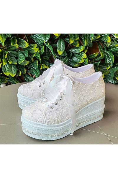 Ayakkabı Tutkusu Stilo ® Wedge Heel Ecru Bridal Shoes 8cm