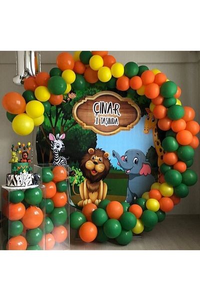 MERİ PARTİ Safari Concept Balloon Chain Dark Green Orange Yellow 100 Pieces