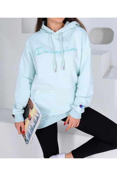 Sparrow Laurel Su Yeşili Champion Nakışlı Kapüşonlu Oversıze Mevsimlik Sweatshırt Hoodie