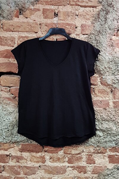 Tişört Mania Women's Black V-Neck Casual T-shirt