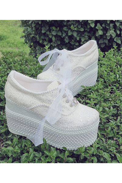 Ayakkabı Tutkusu Stilo ® 12 cm Wedge Heel Pearl and Glitter Bridal Shoes