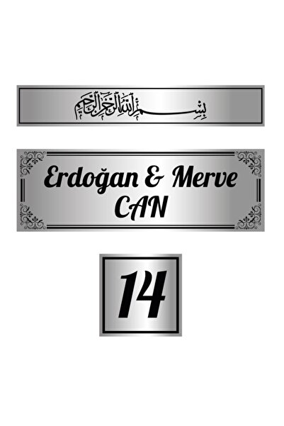 tasarı marketi Metal 3'lü Set Kapı Isimliği, Besmele, Kapı Numarası Gümüş Kap...