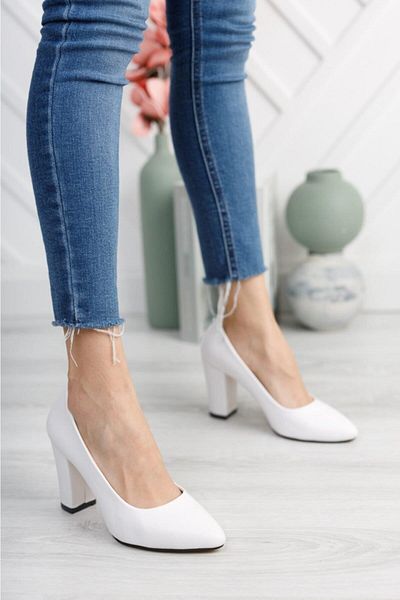 MERVE BAŞ Women's White High Thick Heeled Shoes