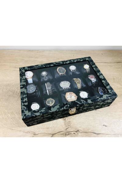 Kelepir Fırsatlar Grey Camouflage Color 15 Wristwatch Capacity Black Padded Large Size Jewelry Necklace Bracelet Watch Box