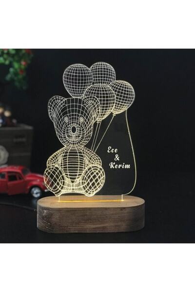 Hediyeiste Doğum Günü Hediyesi Sevimli Ayıcık Balon Tasarım 3d Gece Lambası